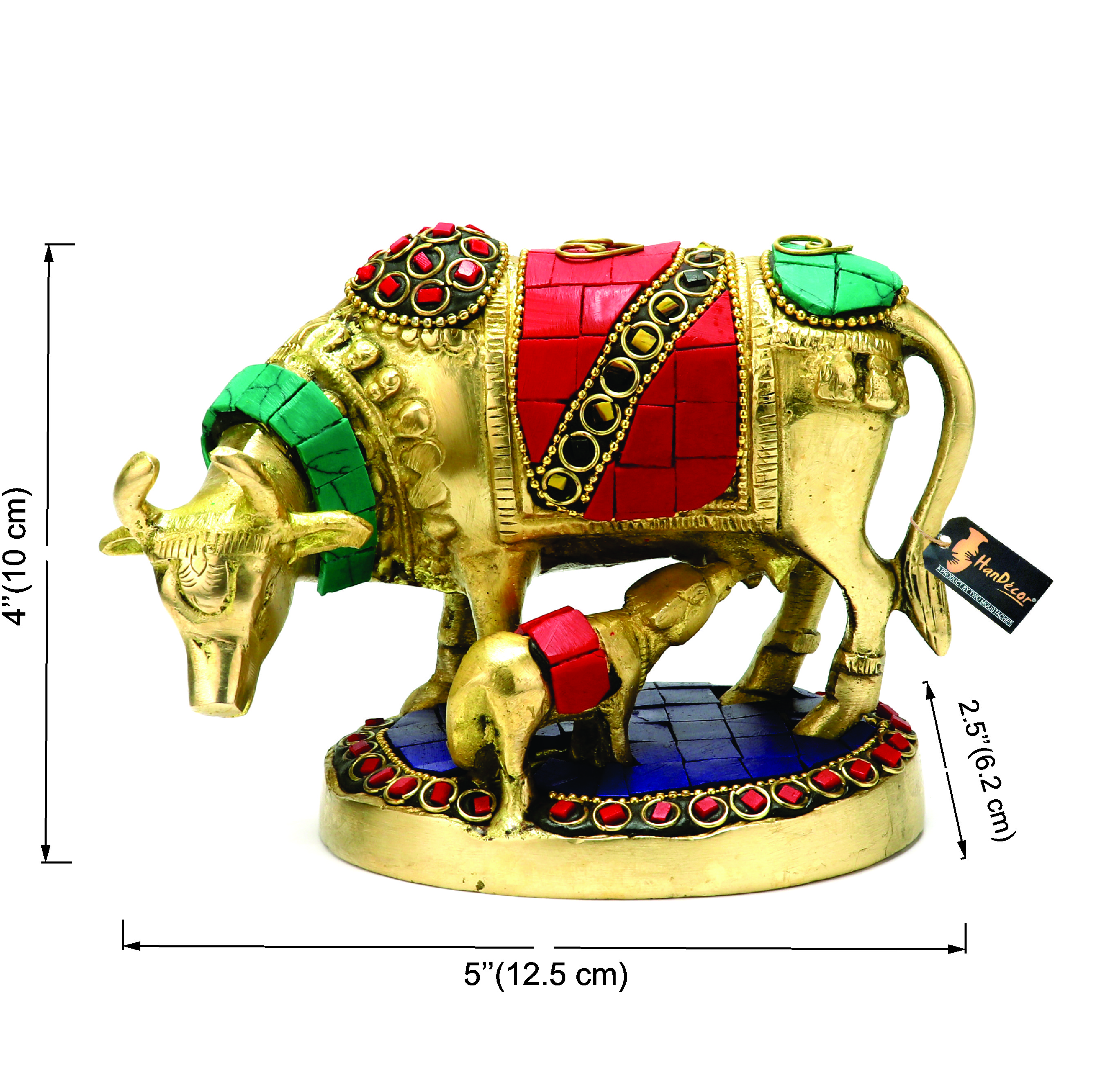 Gemstone Work 5.5 Inches Kamdhenu Cow Brass Showpiece
