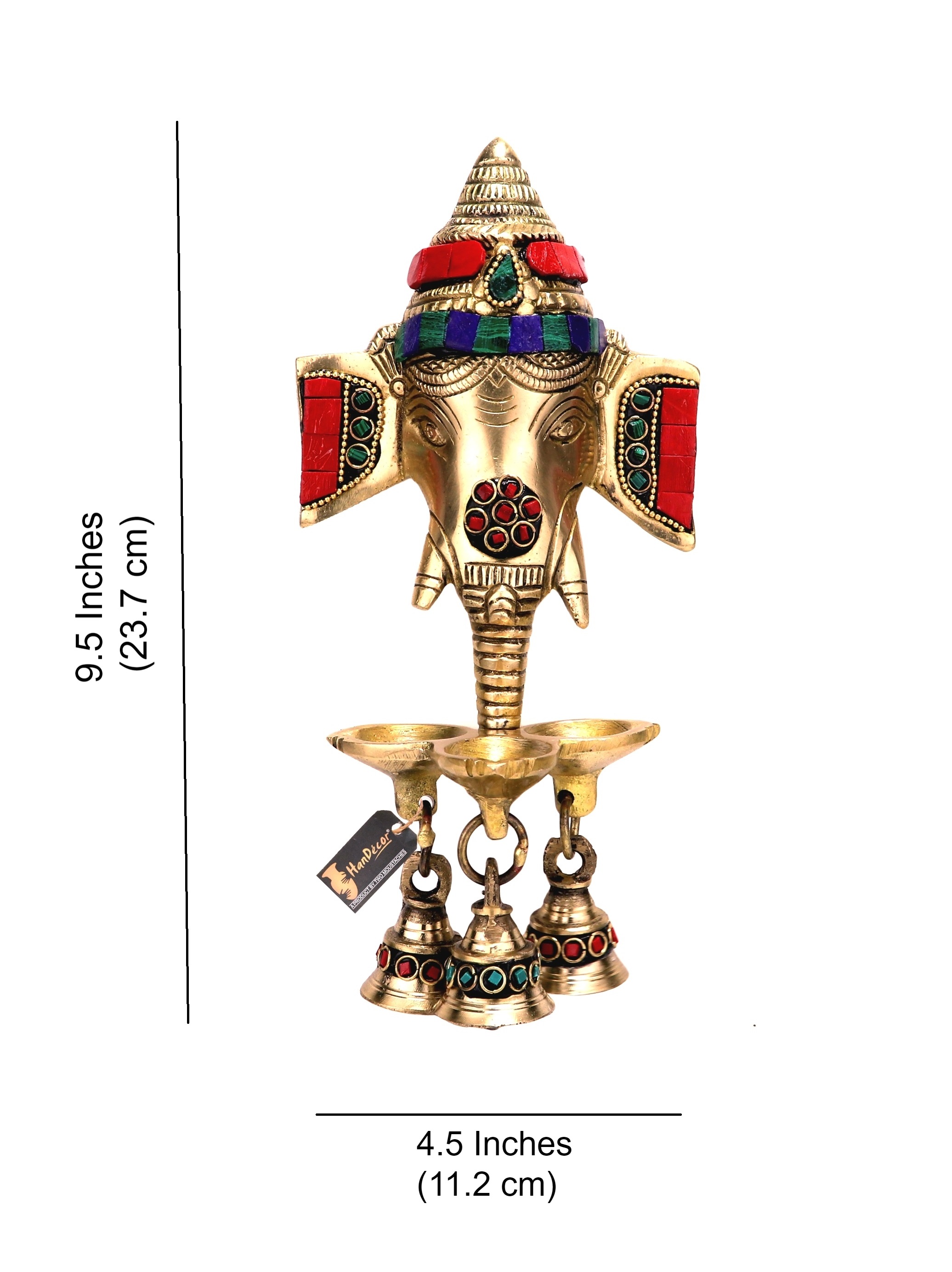 Gemstone Work Brass Ganesha Wall Hanging Diya with Bells for Home Decor