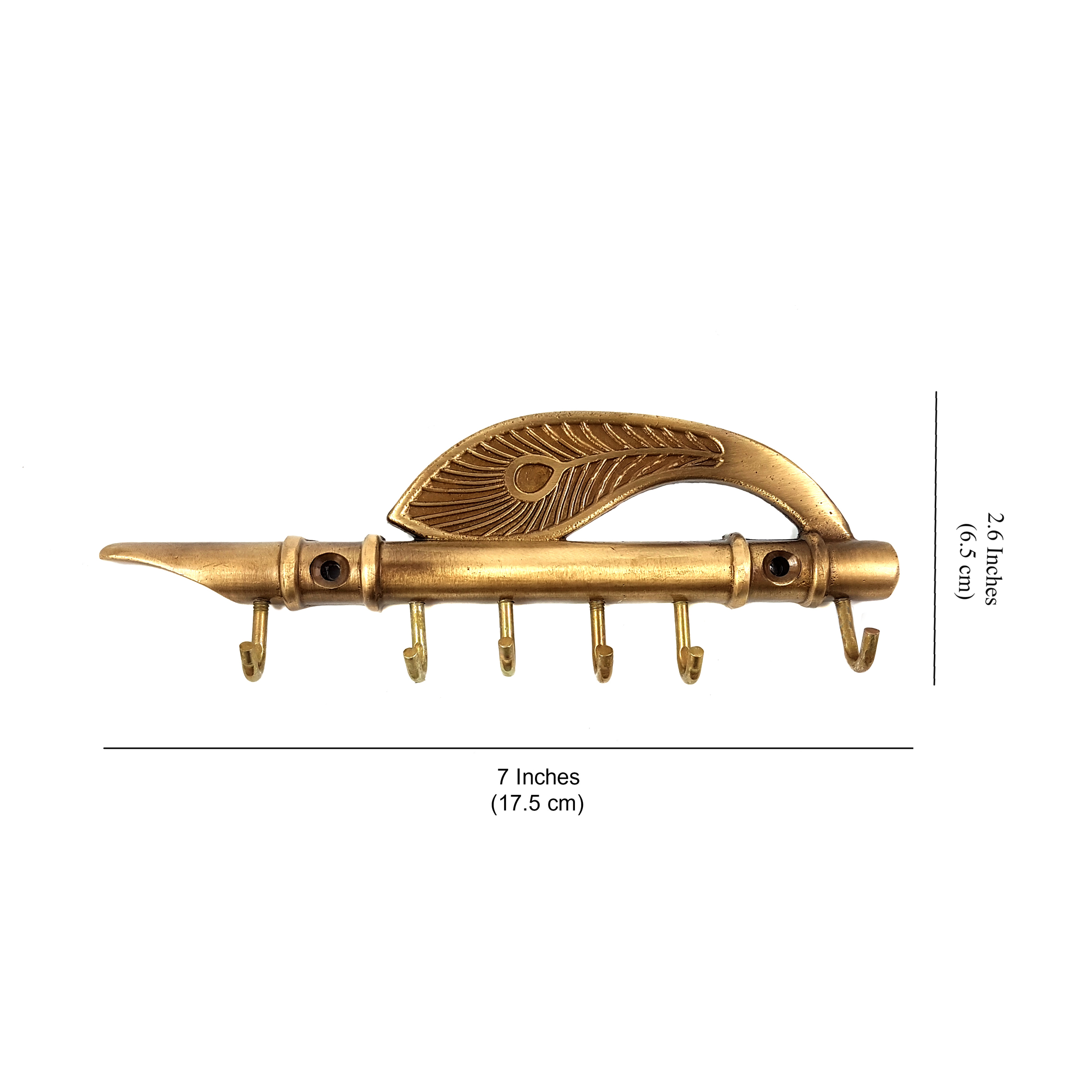 Flute and Peacock Quills Brass Key Holder with 6" Hooks for Utility and Home Decor