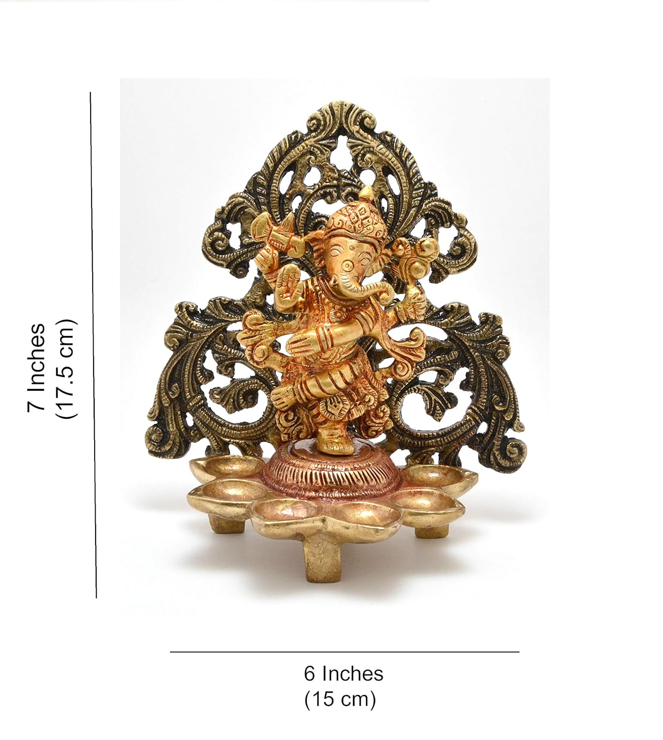 Dancing Ganesha Carving Brass Diya Stand- Antique Brown, Diya for Puja Brass