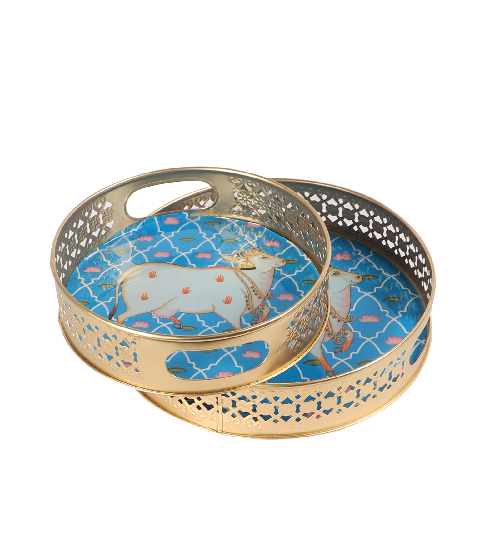 Kamdhenu Cow Design Serving Trays Set (8 Inches & 10 Inches)