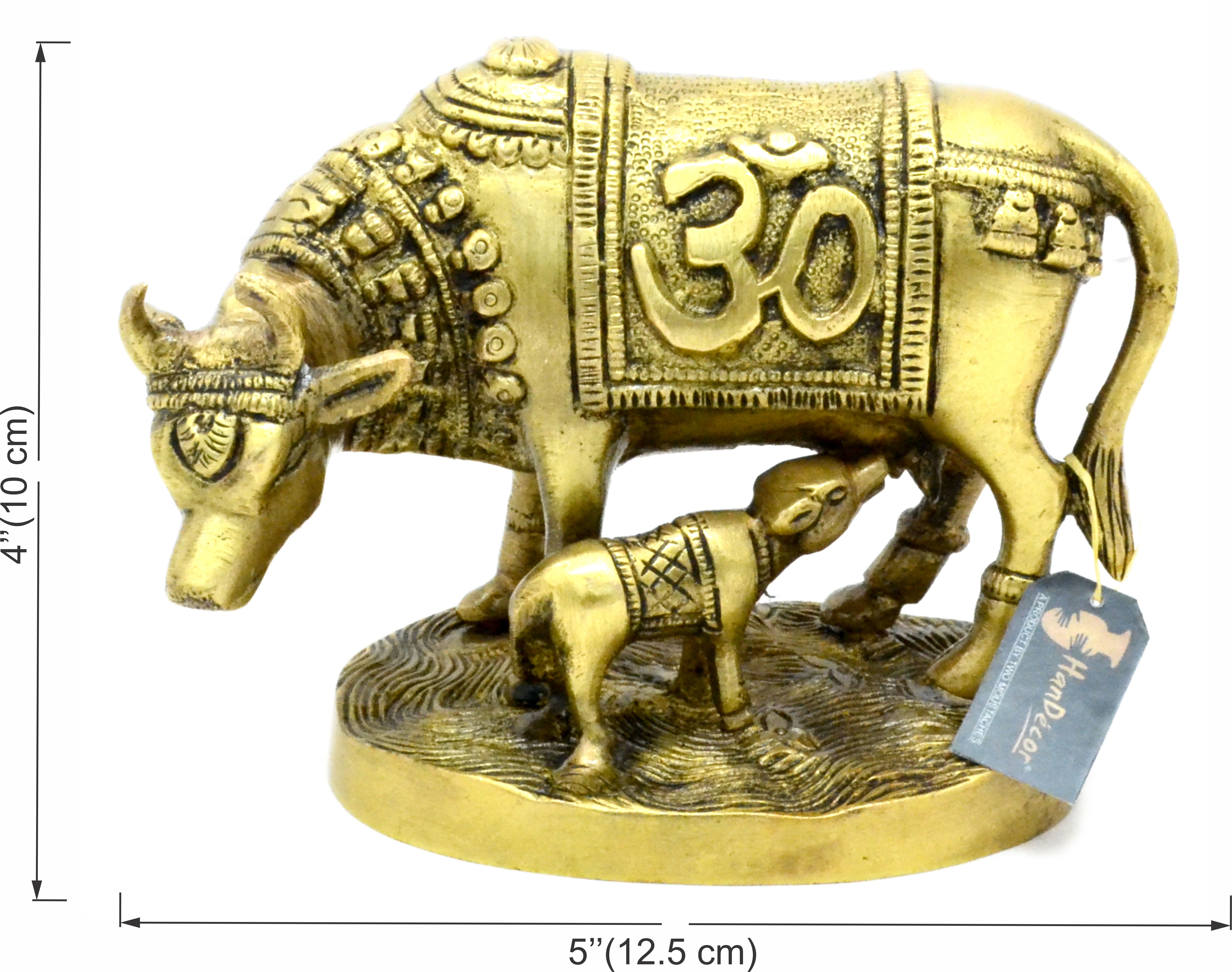 Om & Swastika Engraved Kamdhenu Cow Brass Showpiece