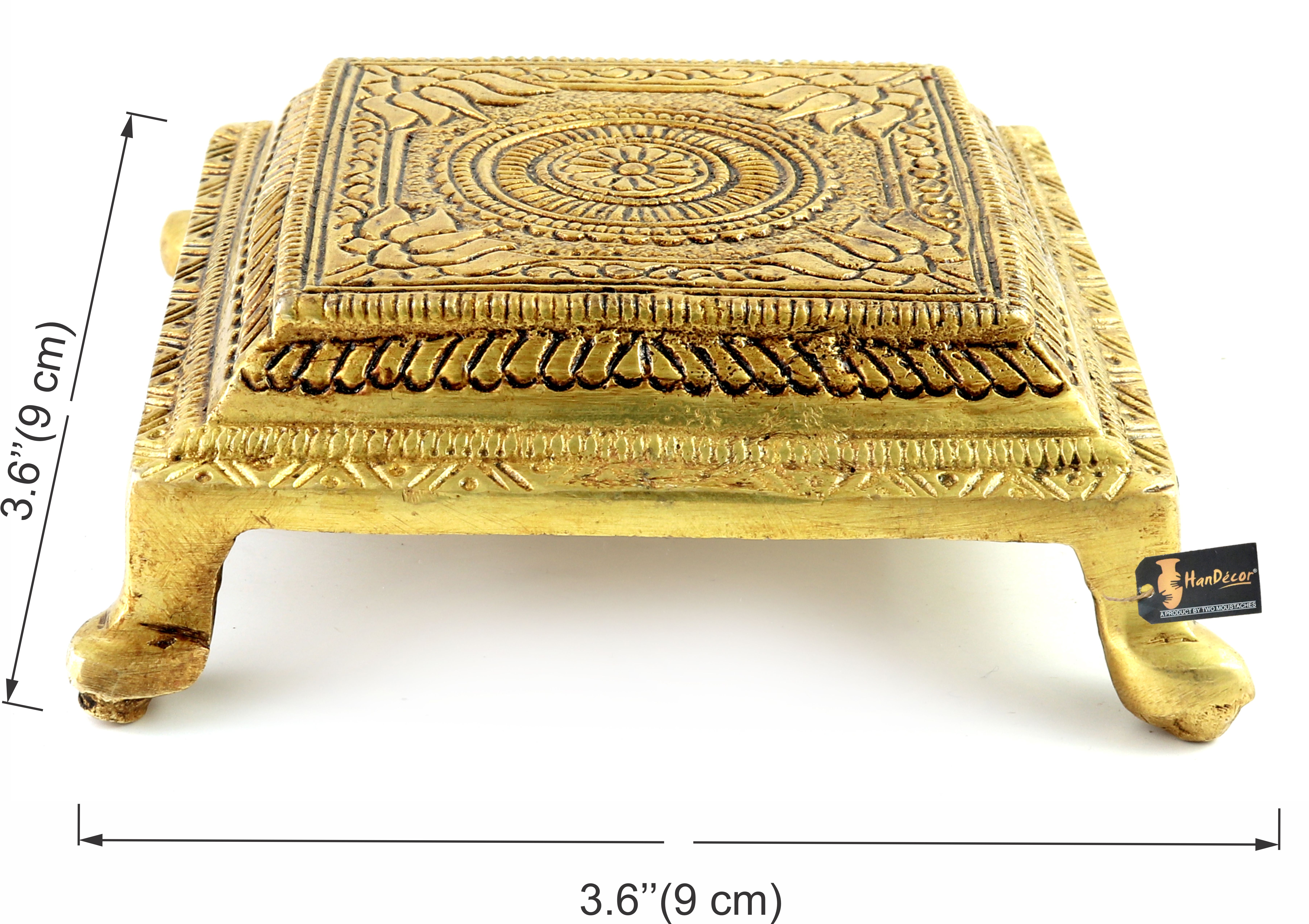 Lotus Engraved 3.5 Inches Brass Pooja Chowki Yellow