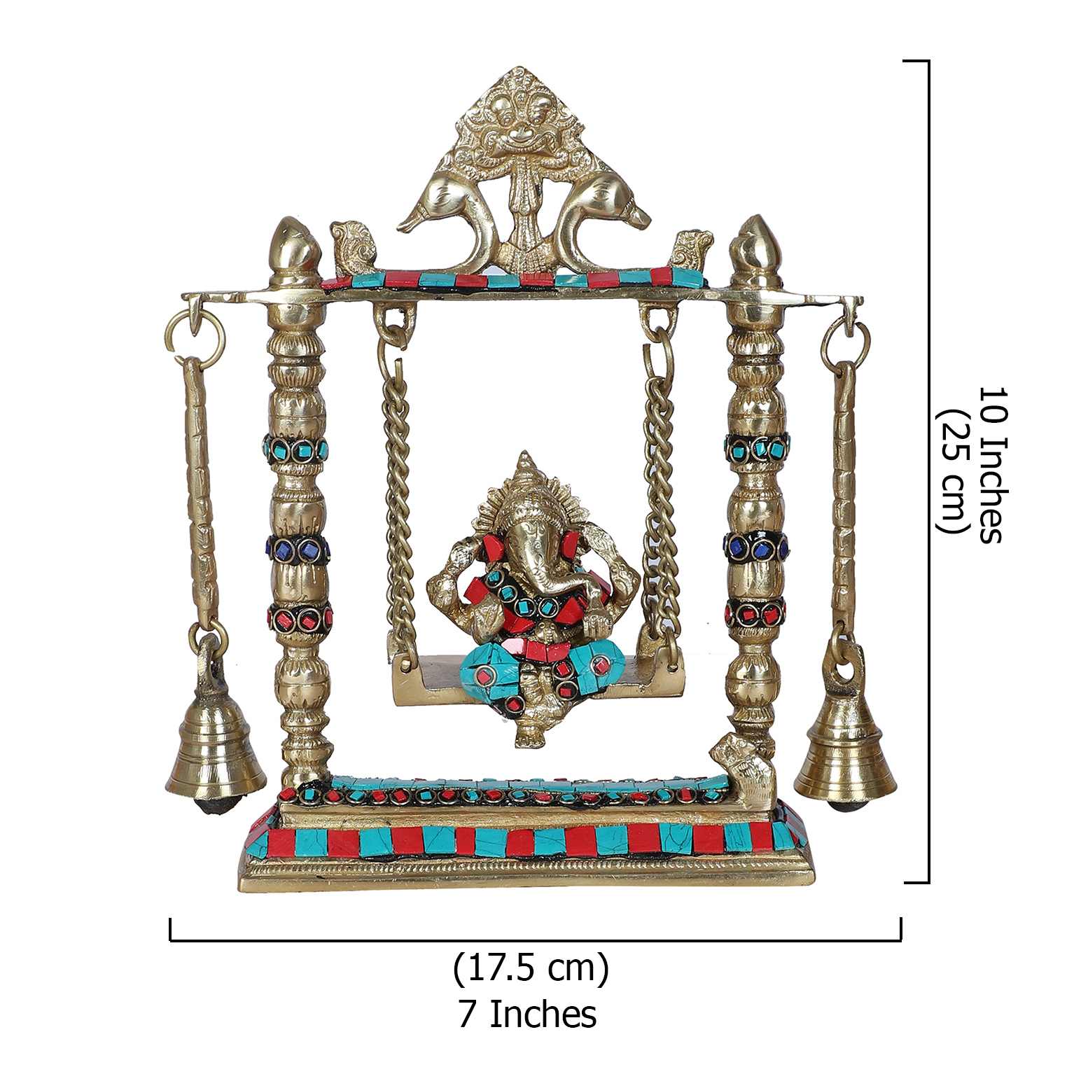 Gemstone Work Ganesha on Jhoola Swing with Bells Brass