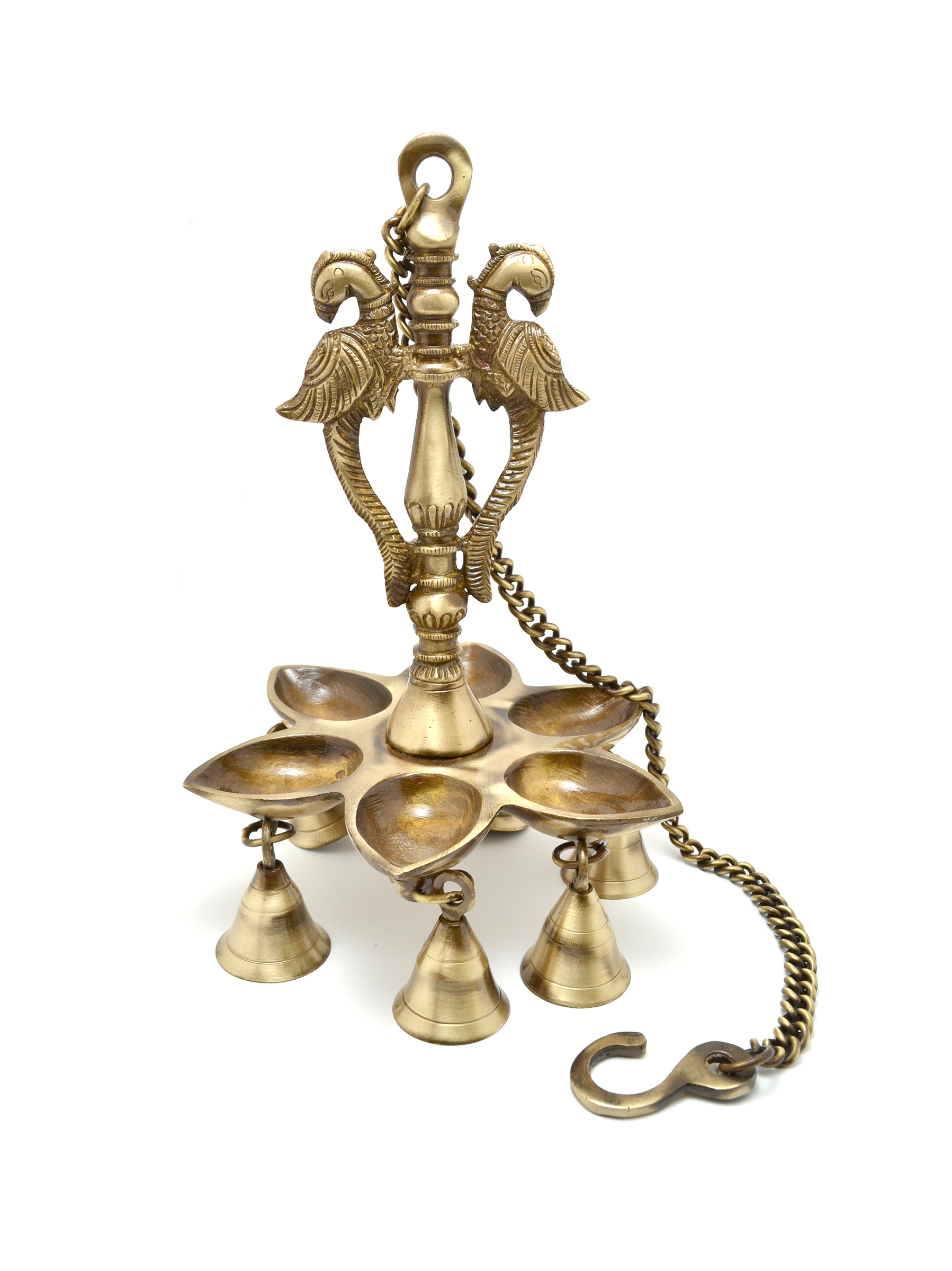 9.5 Inches Twin Peacock Design Brass Hanging Diya