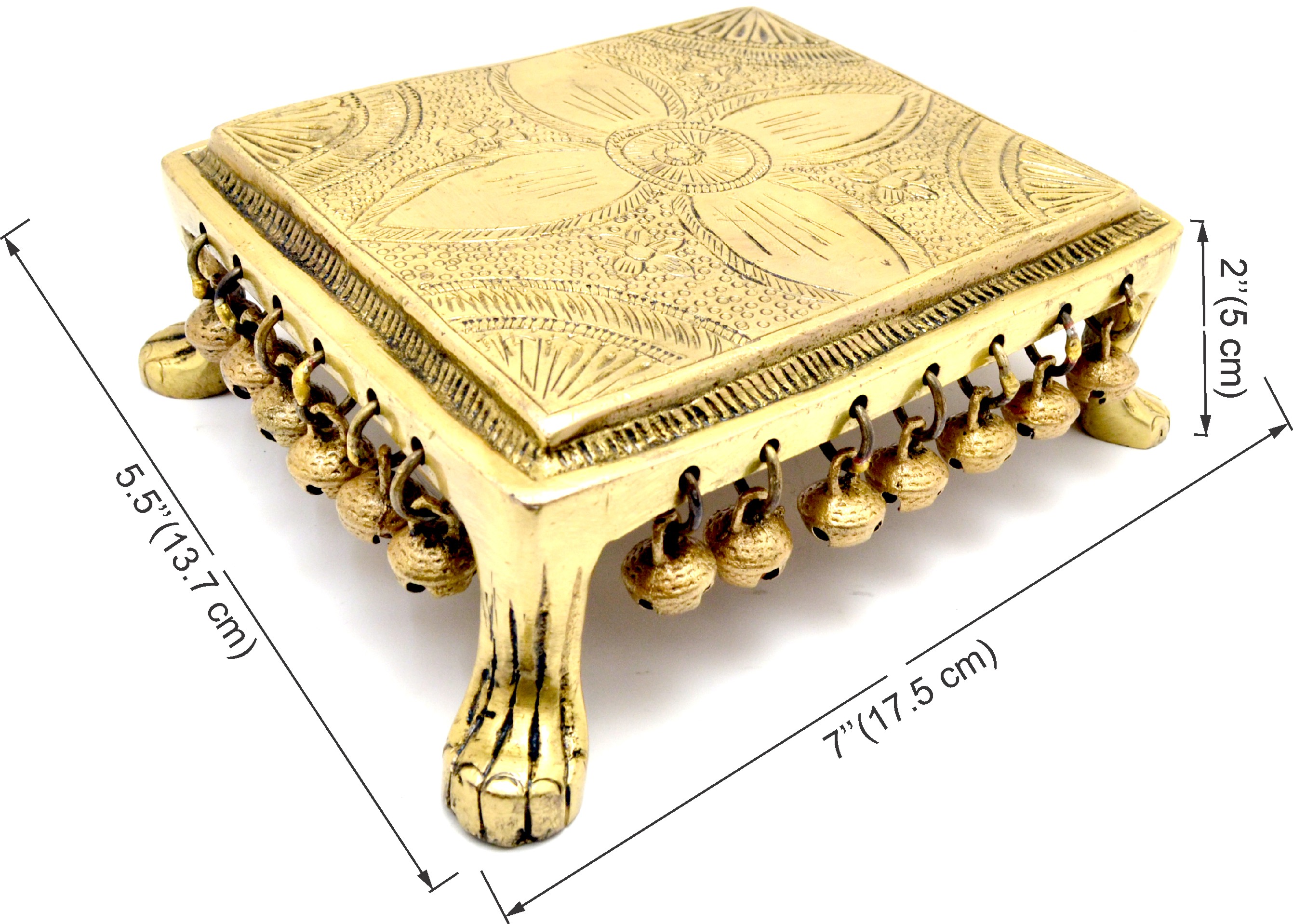 Ethnic Indian Carving Design 7 Inches Brass Chowki with Bells