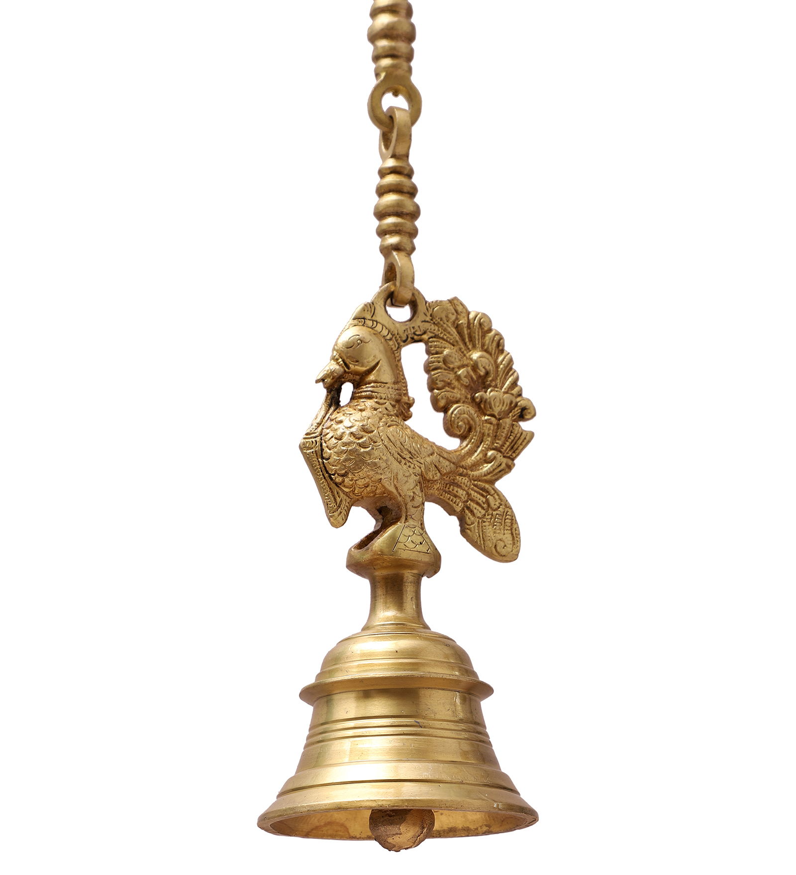 Vintage Brass Temple Bell with Peacock On Chain