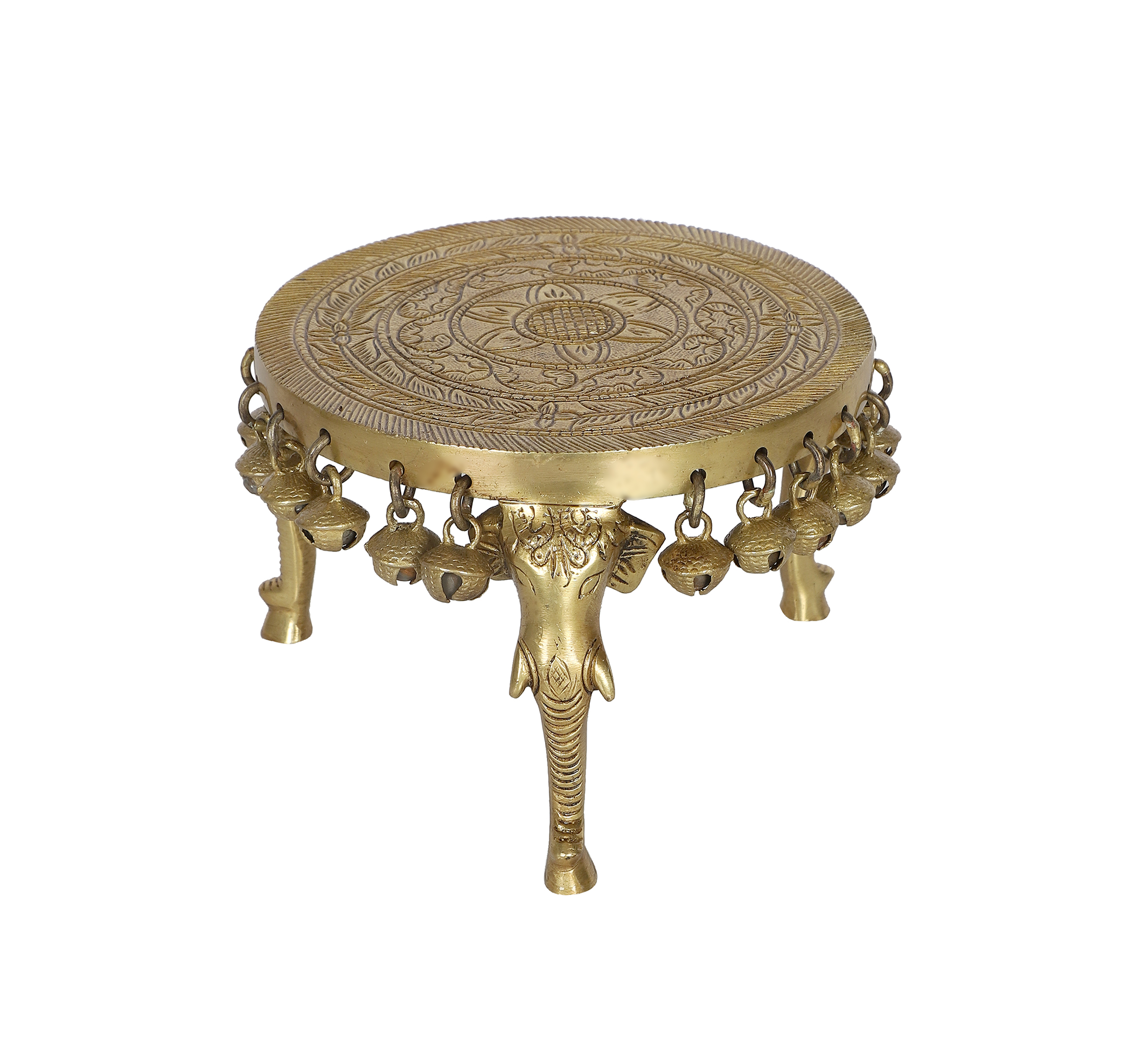 lephant Pillar Design Handcrafted 6 Inches Brass Pooja Chowki with Bells