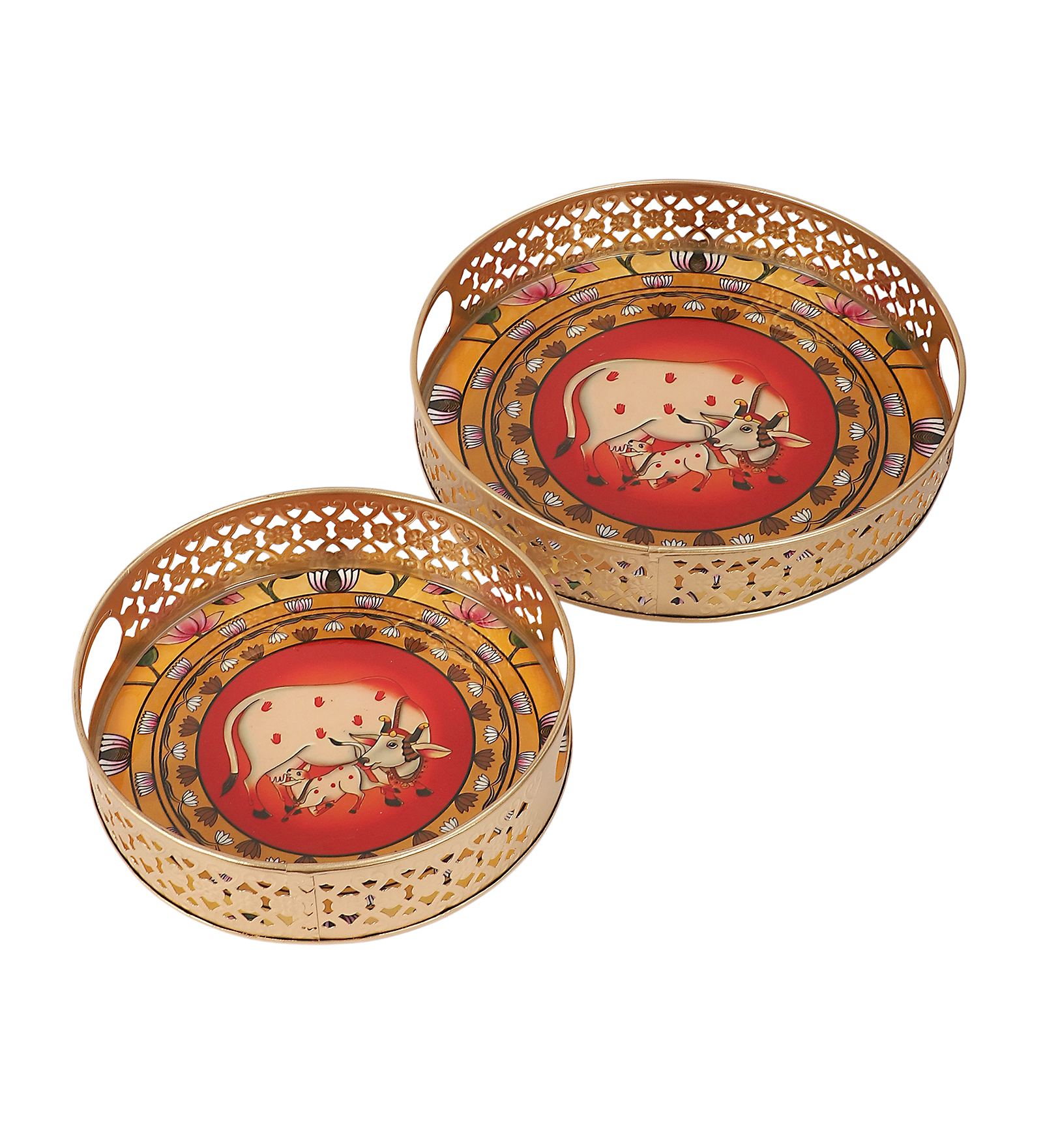 Kamdhenu Cow & Calf with Lotus Design Serving Trays Set