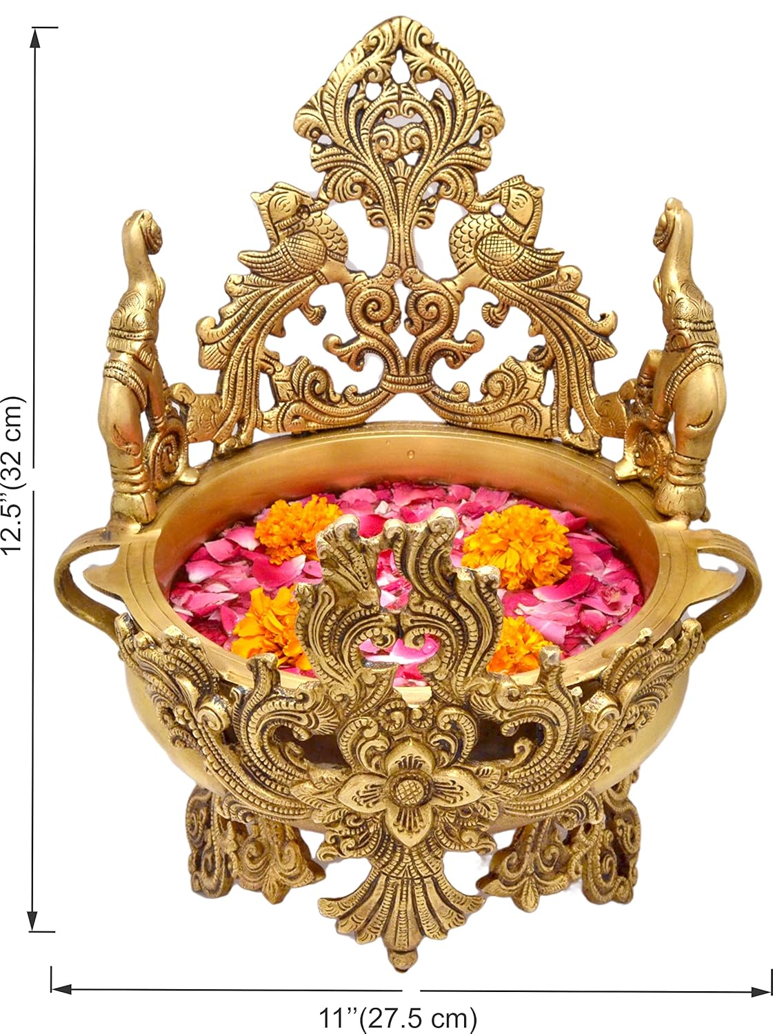 Brass Elephant & Peacock Design Urli Traditional Bowl