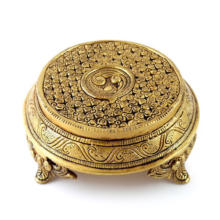 Ethnic Indian Handcrafted Round Brass Chowki with 4 Carved Legs