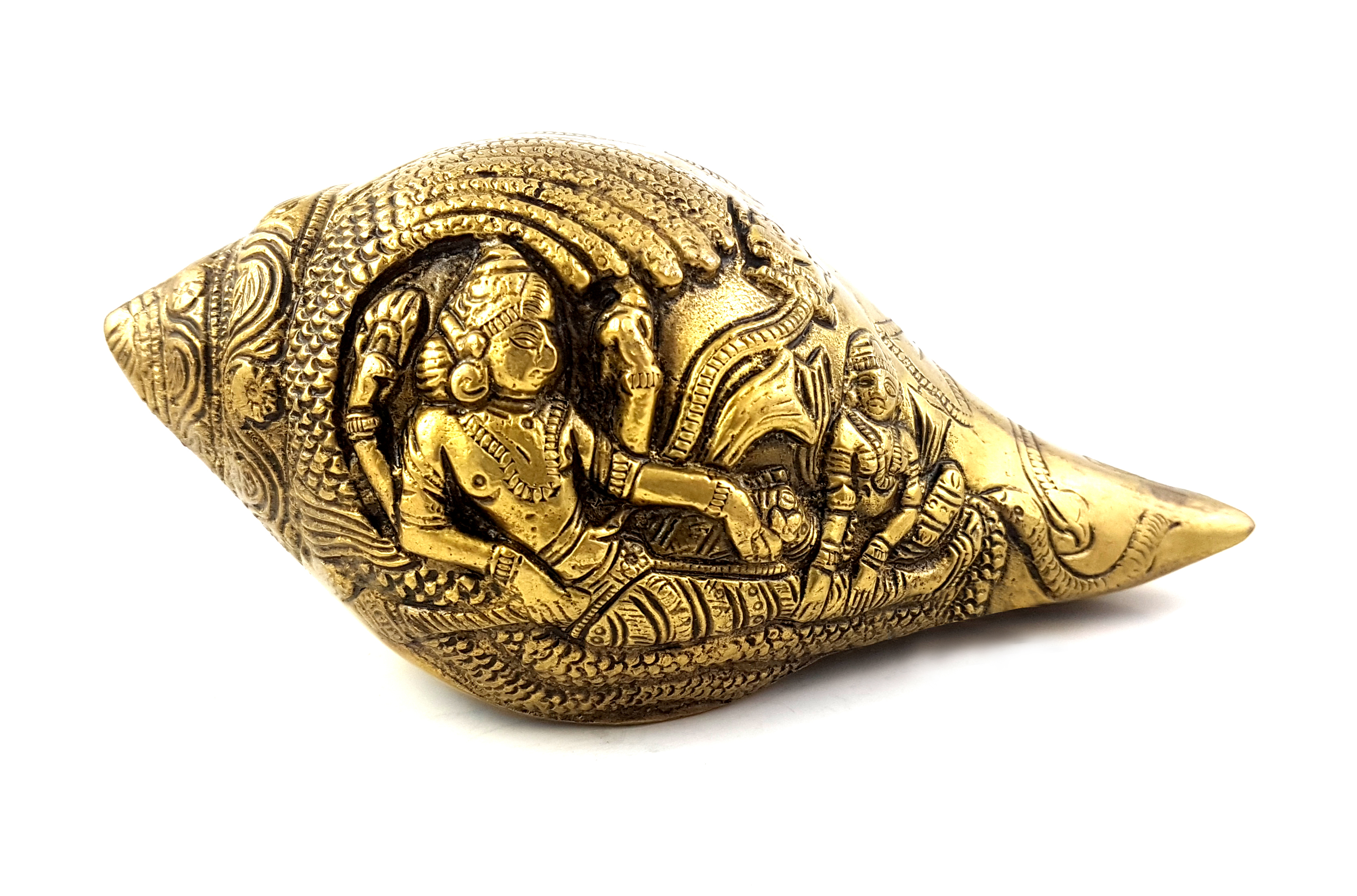 Brass Shankh with Vishnu Carving Antique Yellow