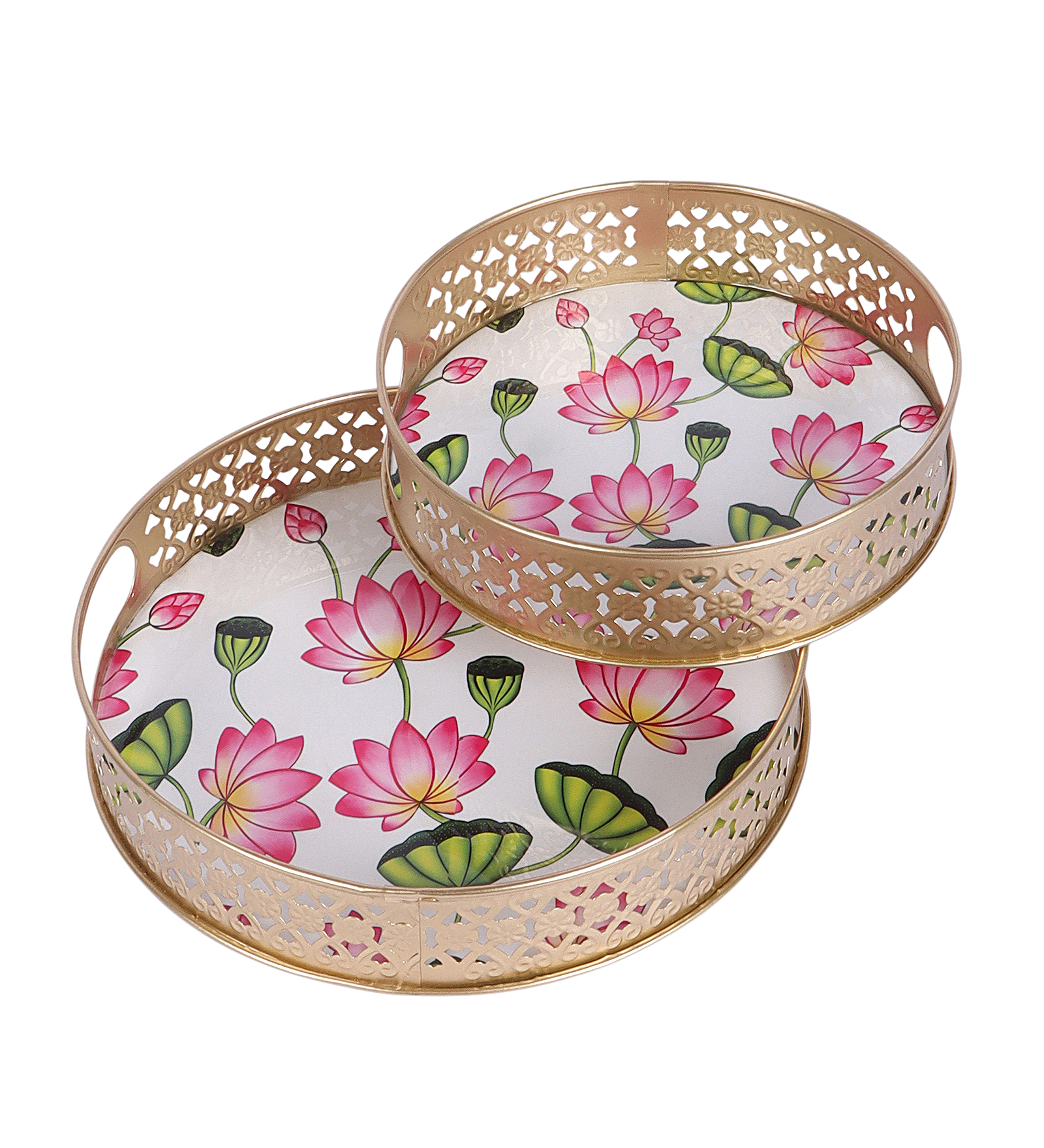 Metal Lotus Flowers Design Serving Trays Set