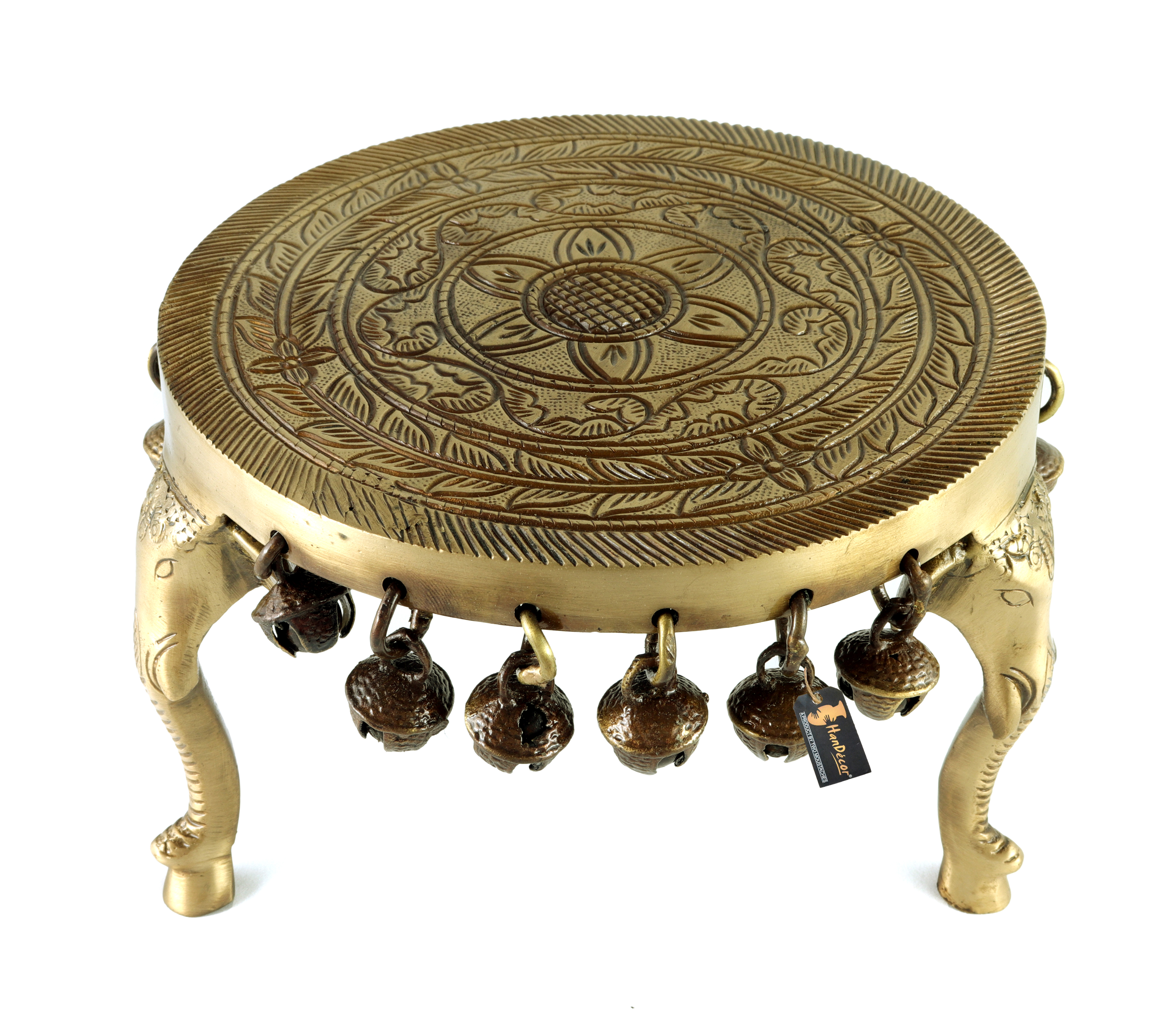 Elephant Pillar Design Handcrafted 6 Inches Brass Pooja Chowki with Bells