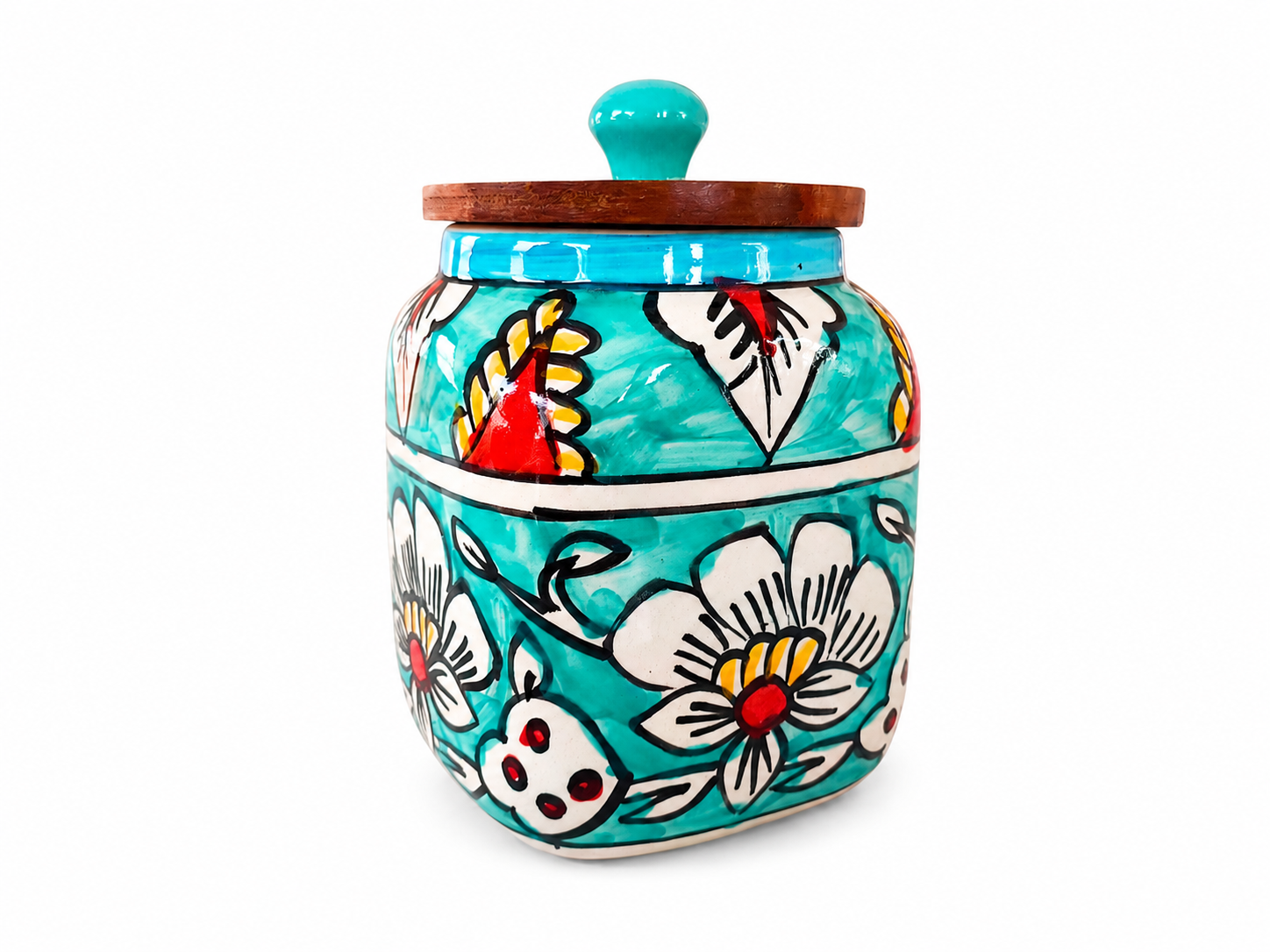 Handpainted Ceramic Storage Jar with Wooden Lid & Spoon