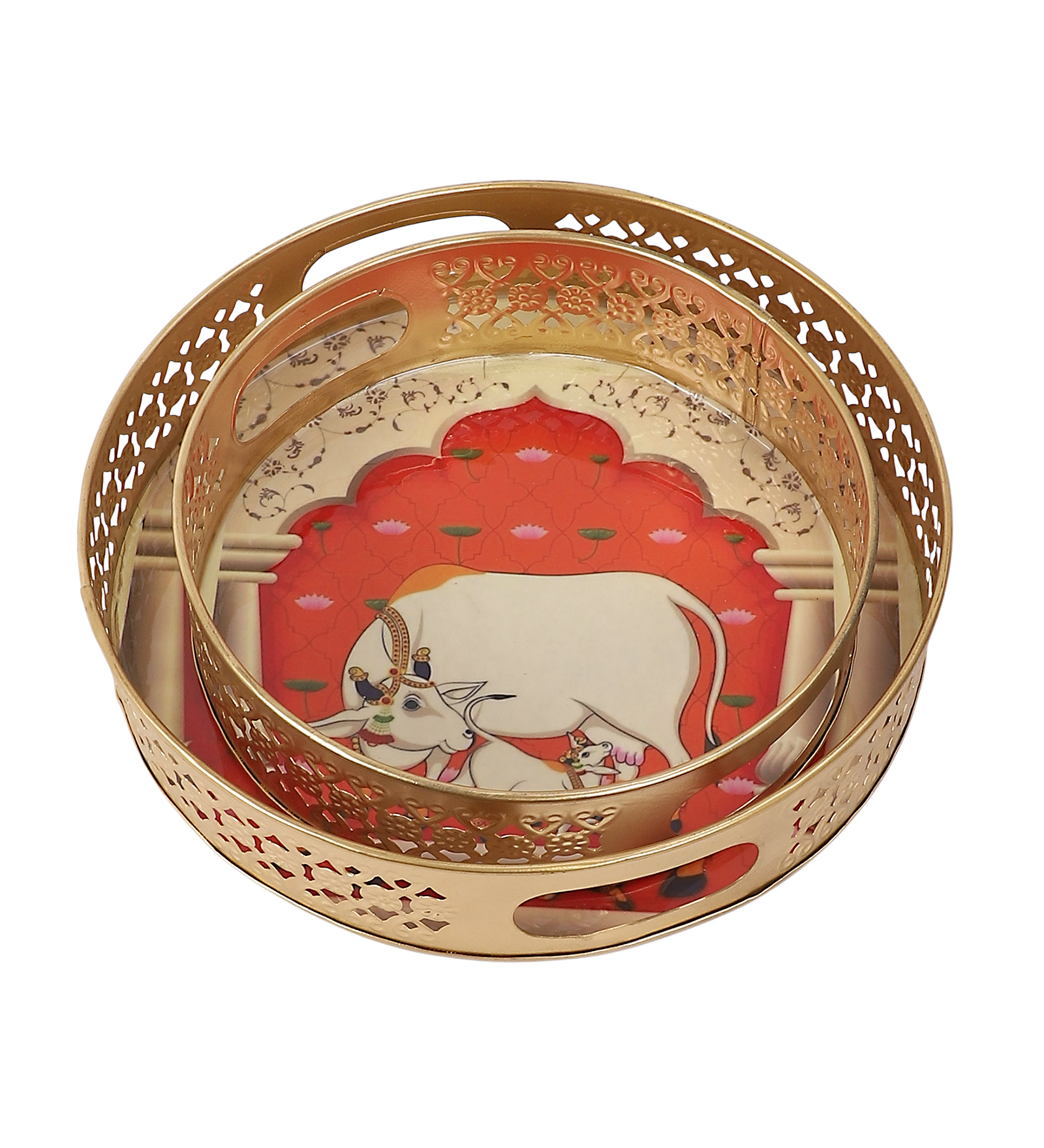 Kamdhenu Cow & Calf in Darbar Design Serving Trays Set