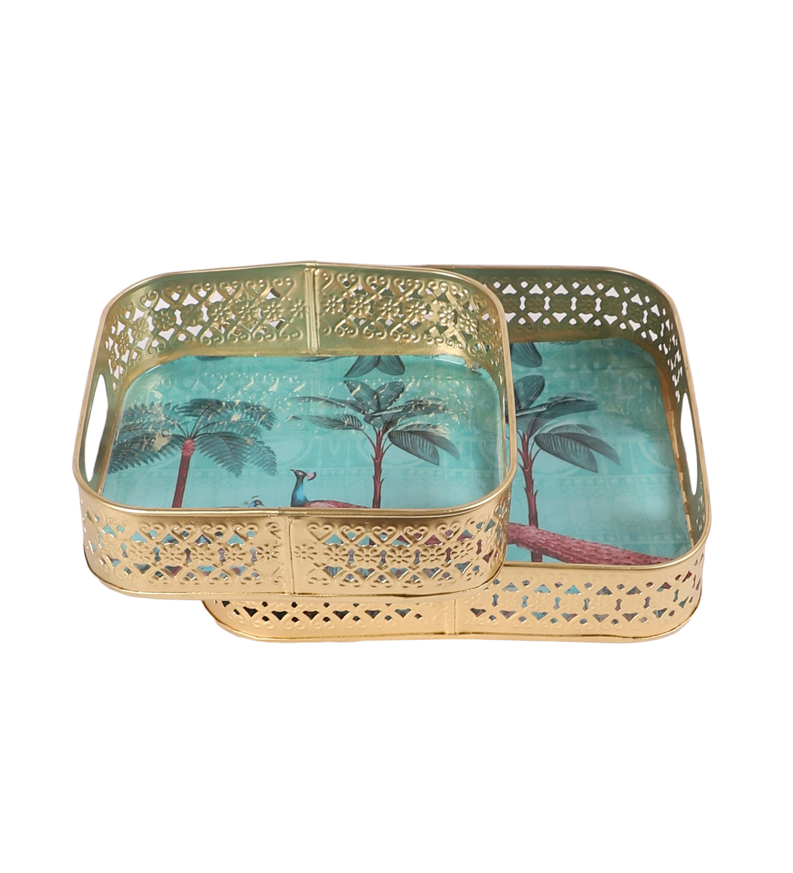 Square Shaped Peacock Under Tree Design Serving Tray Set