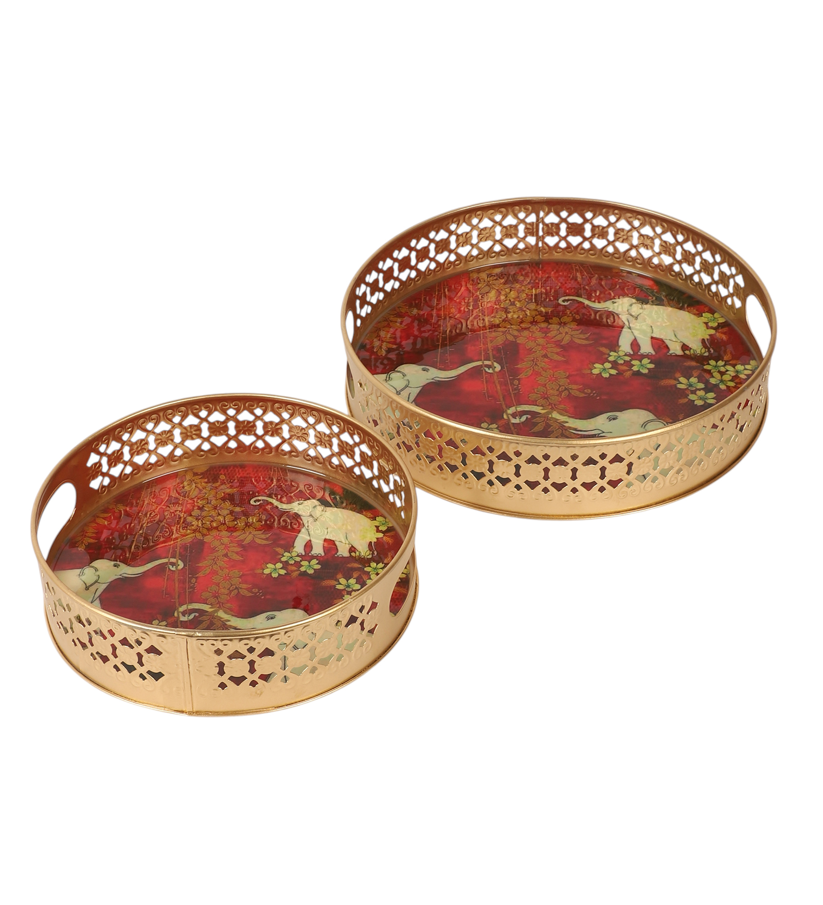 Metal Elephants Design Round Serving Trays Set