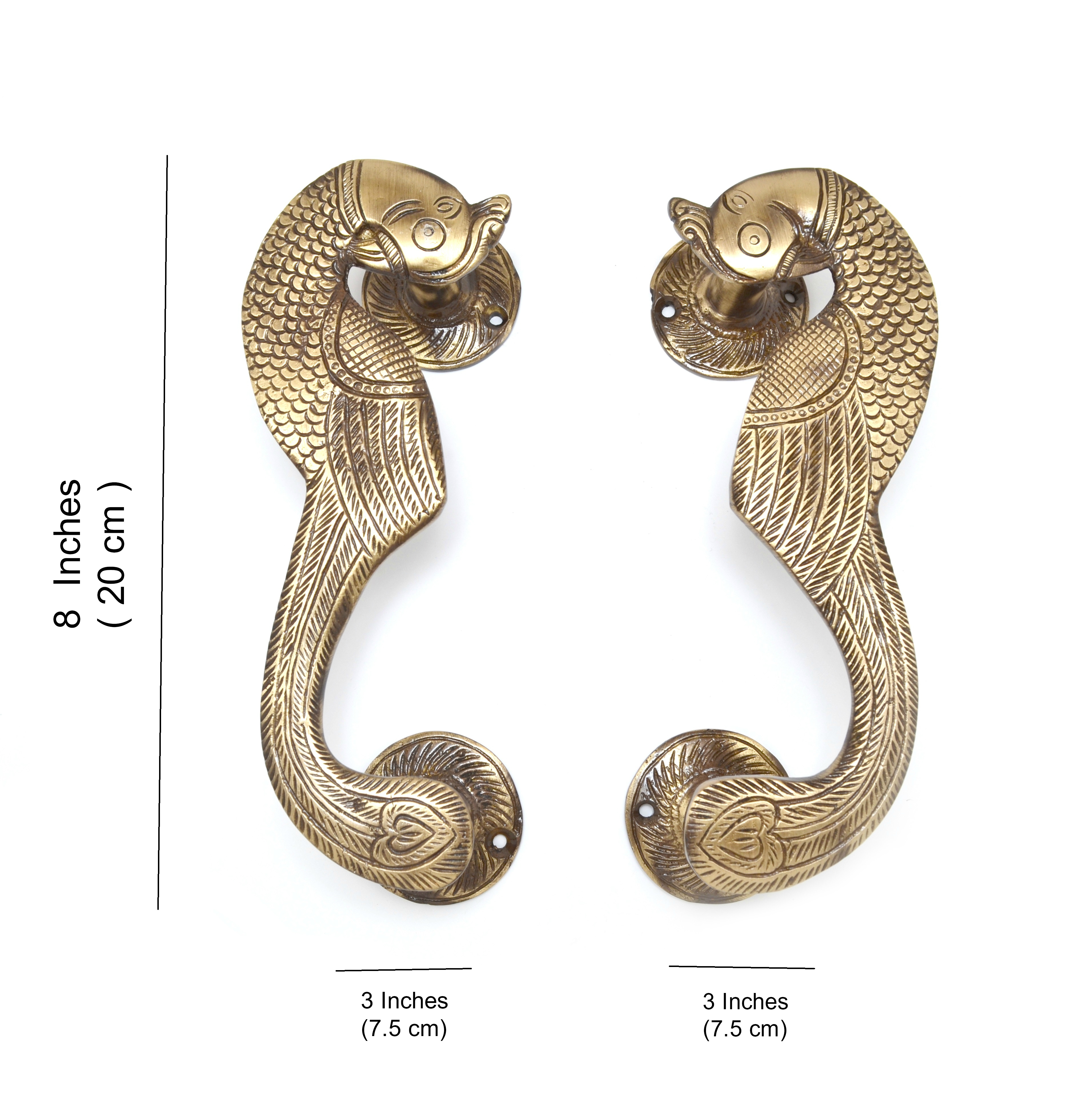 Brass Curved Peacock Door Handle Pair