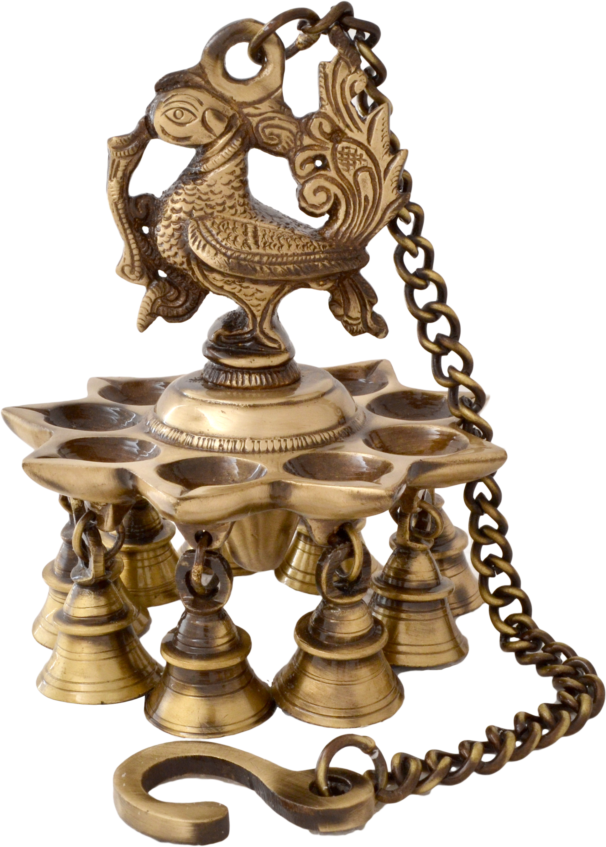 Peacock Design Brass Hanging Diya with Bells