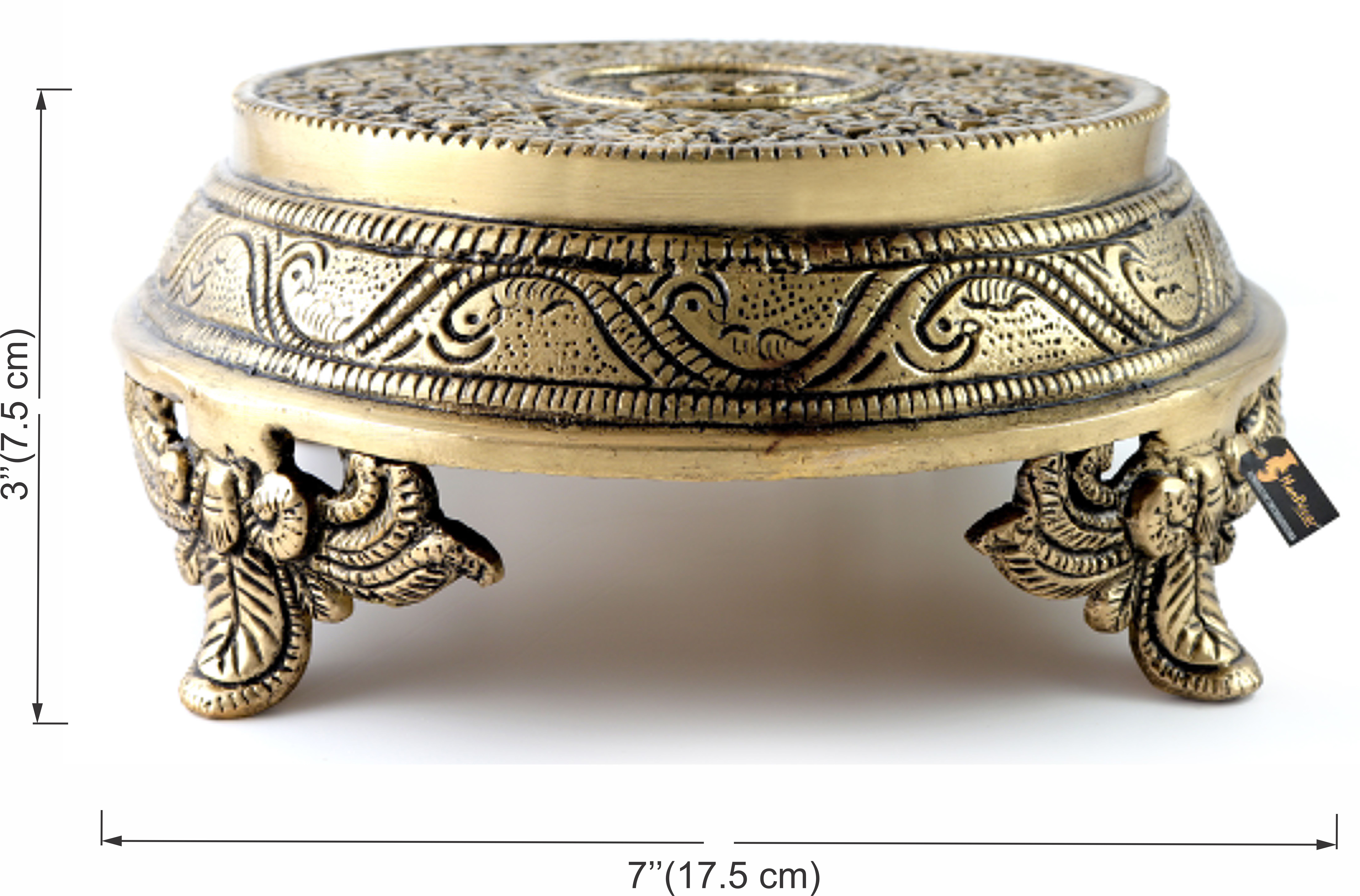 Ethnic Indian Handcrafted Round Brass Chowki with 4 Carved Legs
