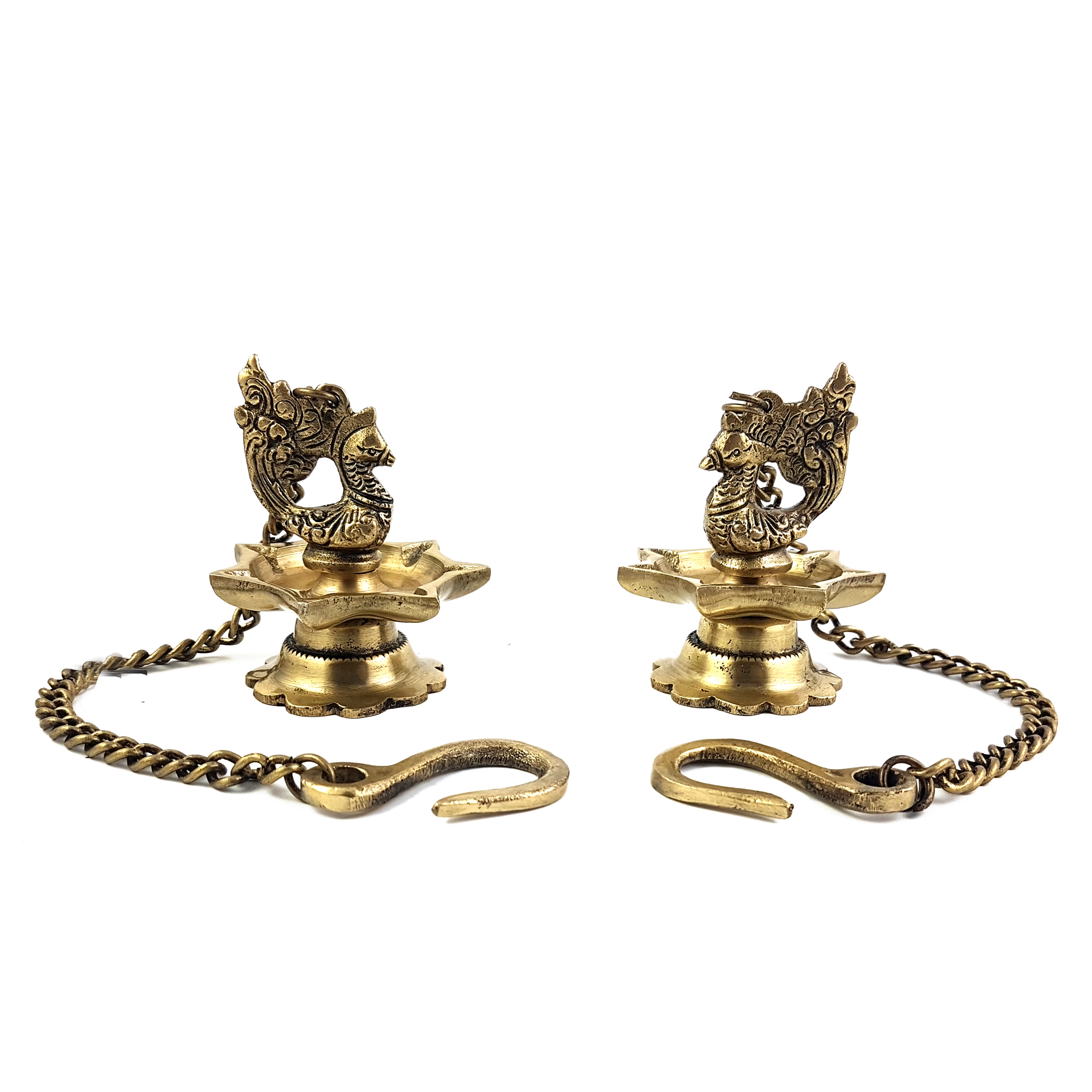 Brass Peacock Carved Hanging Diya Set