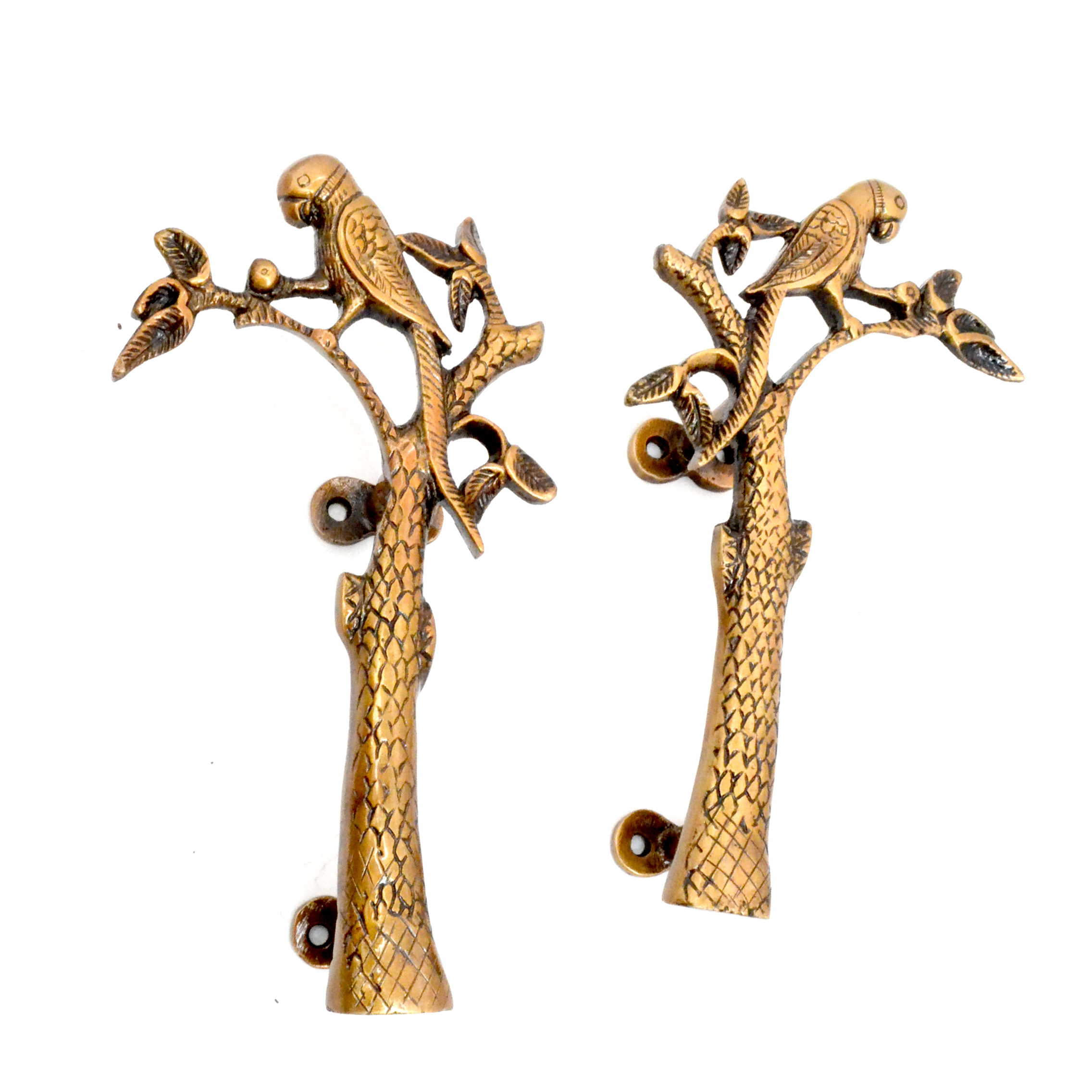 Brass Parrot on Tree Design 8 Inches Brass Door Handle Pair