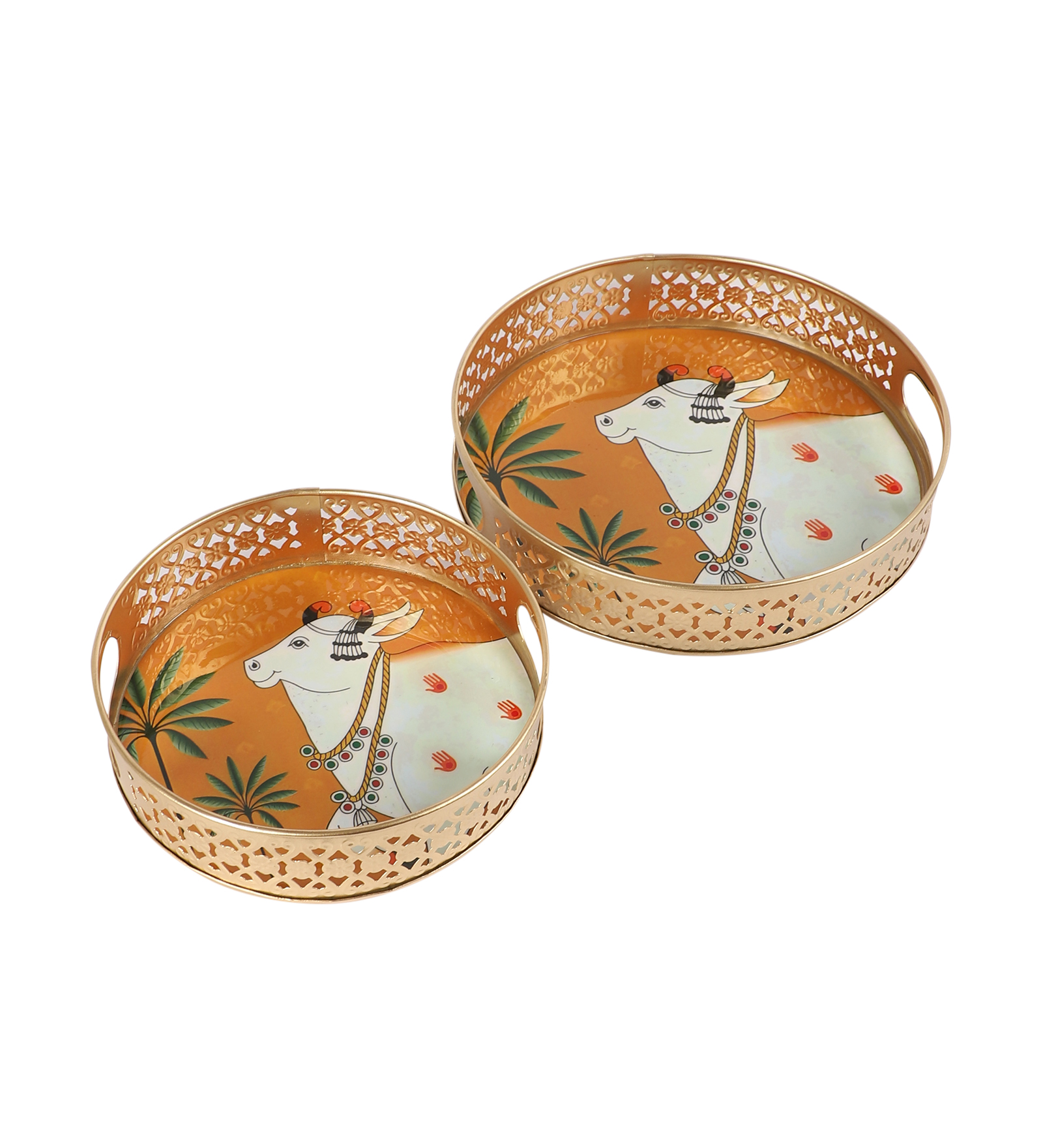 Village Cow Design Serving Trays Set (8 Inches & 10 Inches)