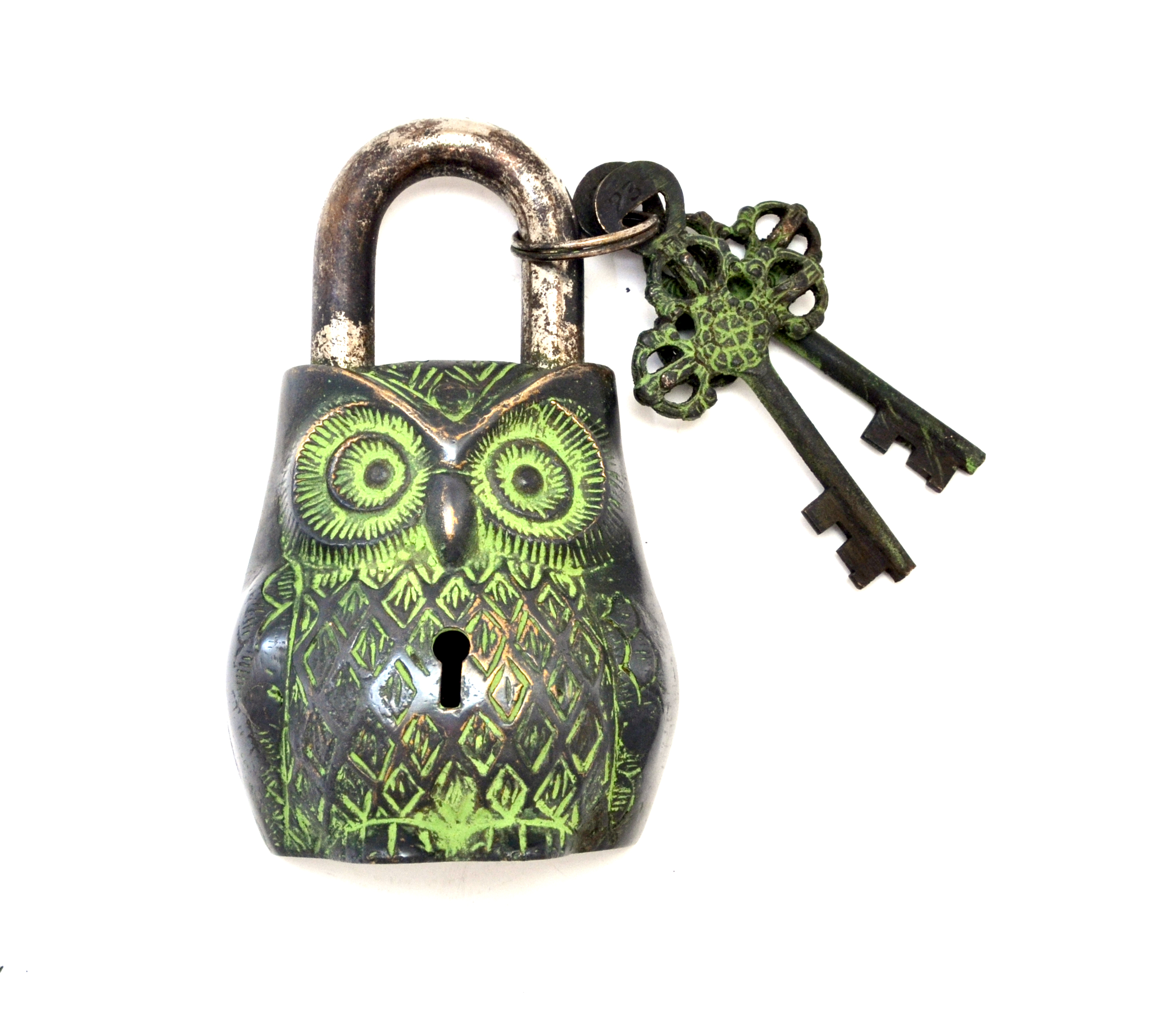 Owl Design Green Coated Functional Brass Lock with 2 Keys