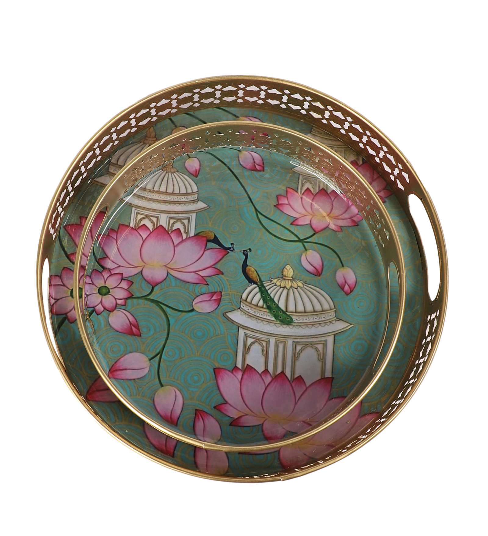 Metal Rajasthani Round Lotus Flowers Design Serving Trays Set (8 & 10 Inches)