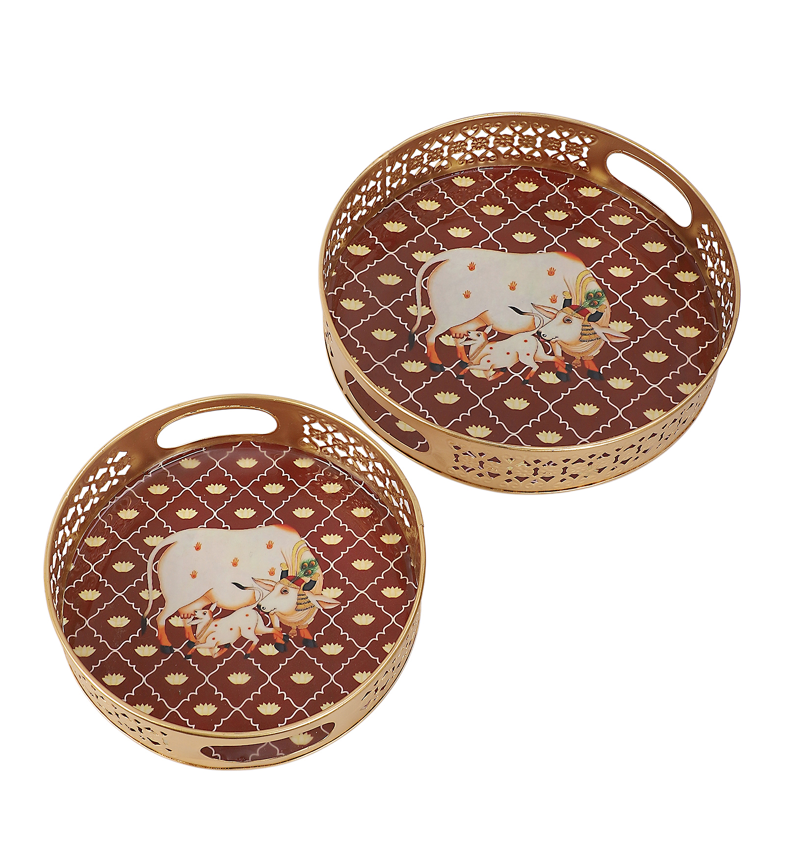Kamdhenu Cow with Calf Design Serving Trays Set