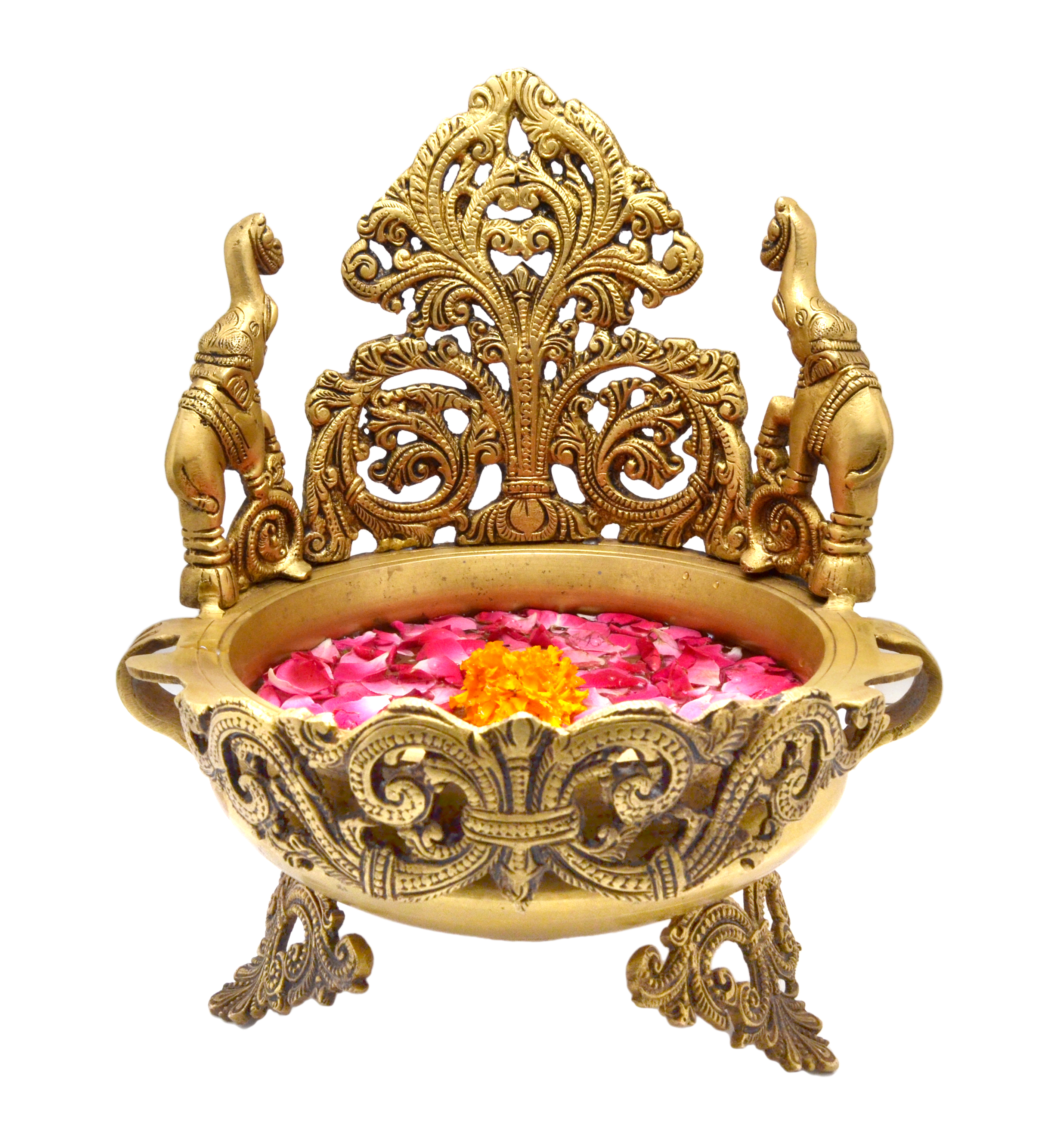 Elephant Design Decorative Brass Urli Bowl Showpiece