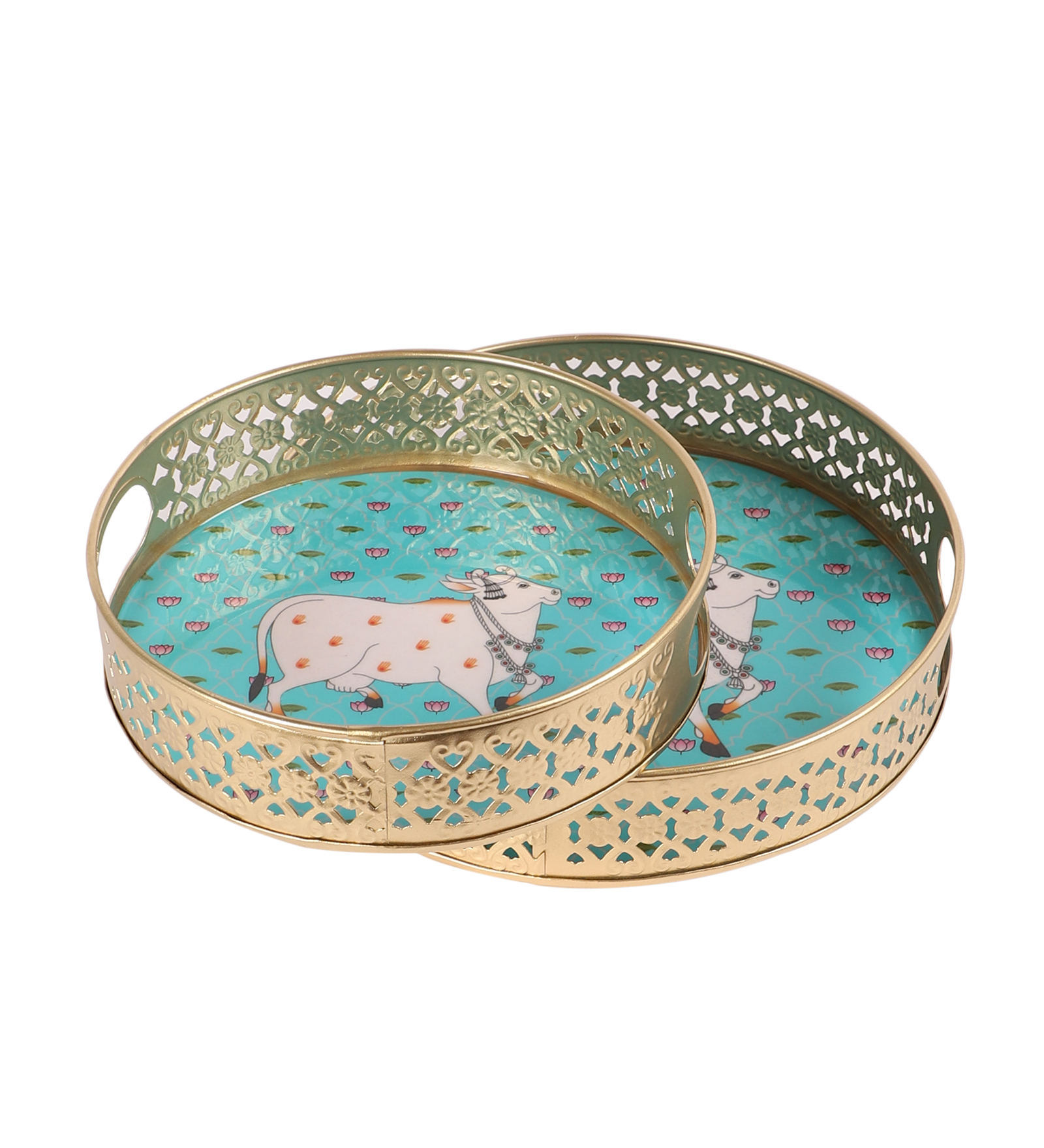 Kamdhenu Cow with Lotus Flowers Design Serving Trays Set