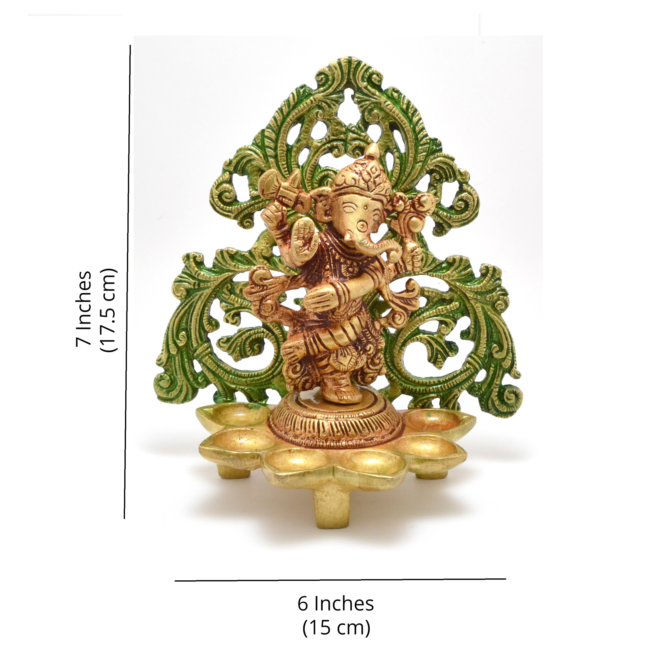 7 Inches Brass Dancing Ganesha Design Diya with 6 Oil Wicks